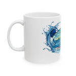 Fishing Wave Ceramic Mug — "SaluFins Gulf Shores, AL" Beach & Ocean Coffee Cup (11oz/15oz)