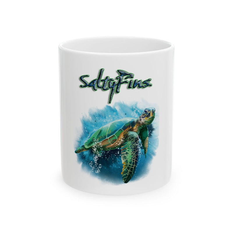 Sea Turtle 'Salty Fins' Ceramic Mug — Coastal Ocean Wildlife Coffee Cup (11oz/15oz)