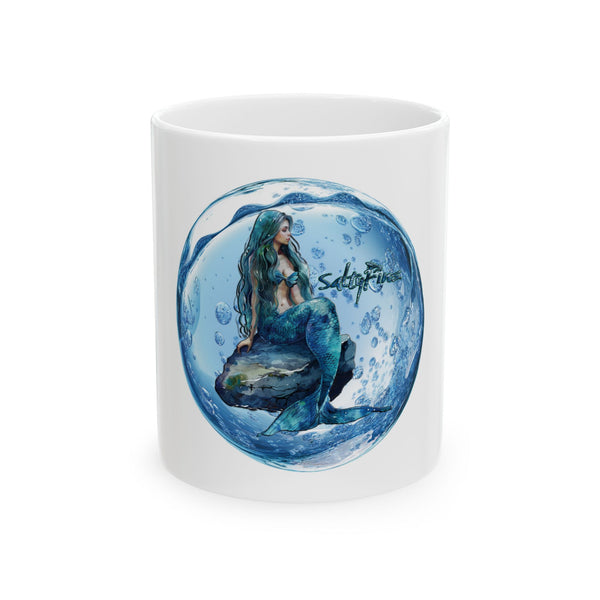 Mermaid Art Ceramic Mug — Watercolor Seahorse Mermaid Illustration (11oz, 15oz)