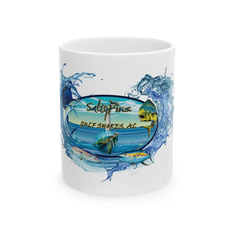Fishing Wave Ceramic Mug — "SaluFins Gulf Shores, AL" Beach & Ocean Coffee Cup (11oz/15oz)