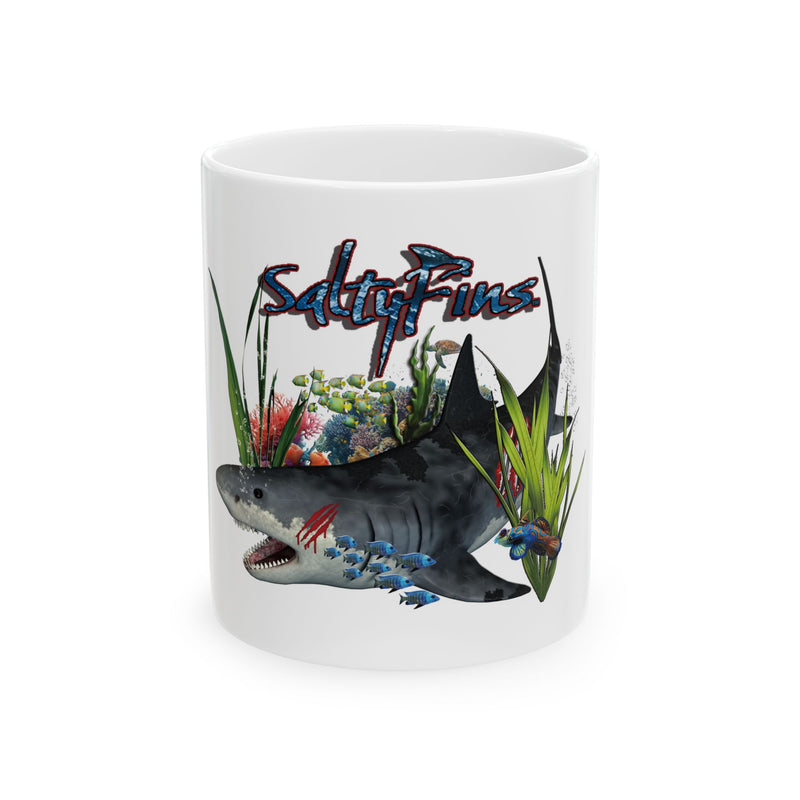 Shark & Reef Ceramic Mug – “SaltyFins” Ocean Coffee Cup (11oz/15oz)