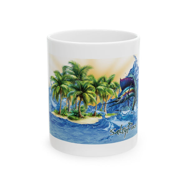 Tropical Island Ceramic Mug — Salty Vibes Sailboat & Palm Beach Coffee Cup (11oz/15oz)